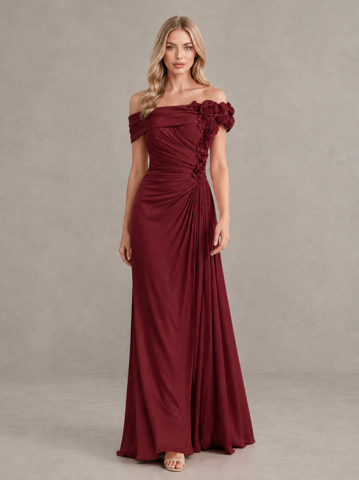 BOLODOO Burgundy Off-Shoulder Floral Applique Wedding Guest Maxi Dress - Burgundy - Burgundy (1)