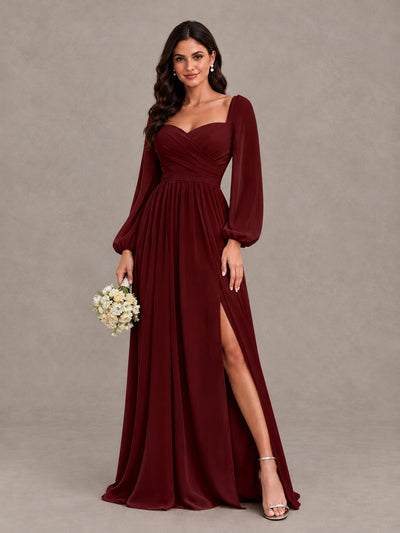 BOLODOO Burgundy Long Sleeve Chiffon Bridesmaid Dress with Slit - Burgundy - Burgundy (1)
