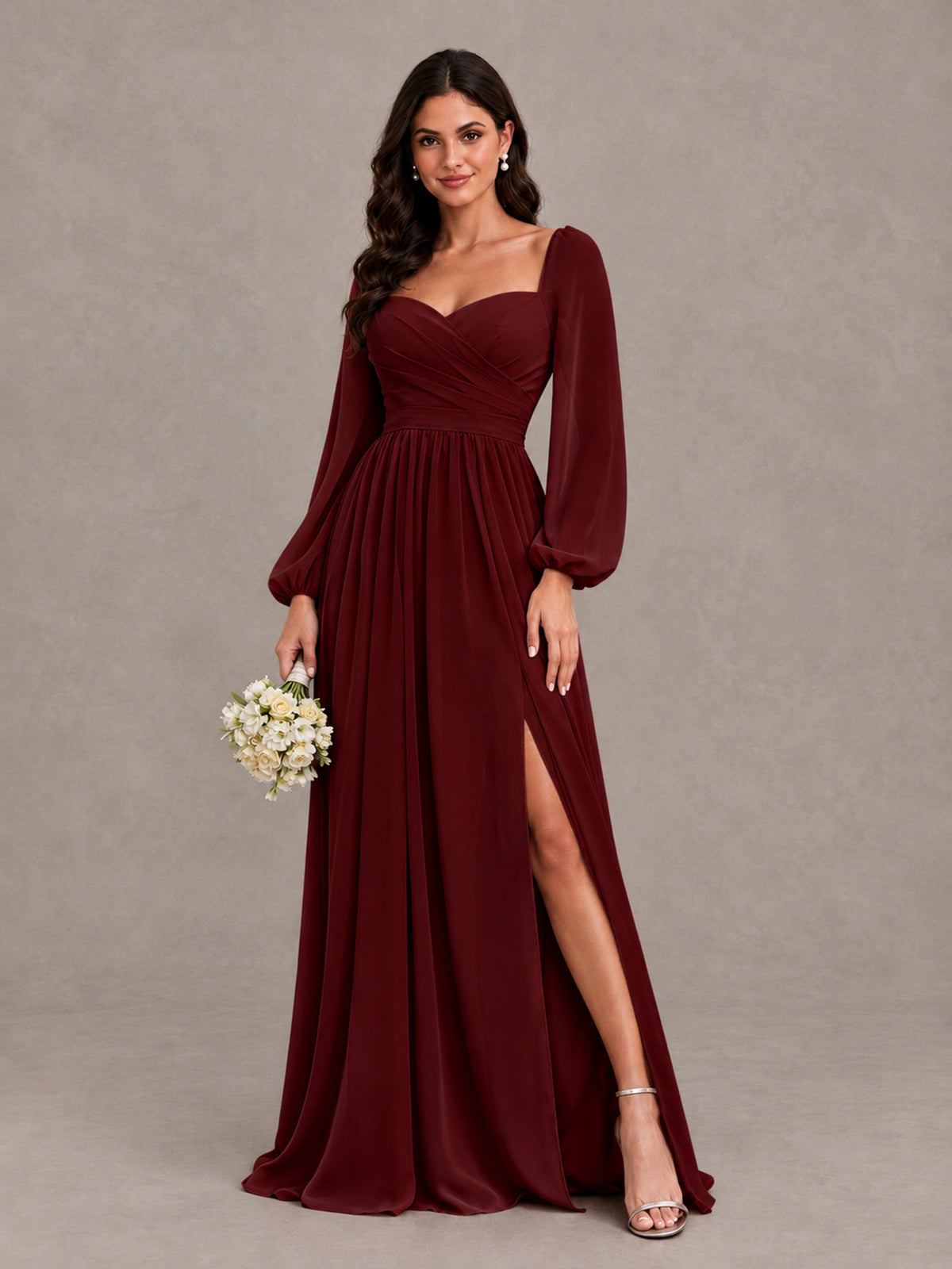 BOLODOO Burgundy Long Sleeve Chiffon Bridesmaid Dress with Slit - Burgundy - Burgundy (1)