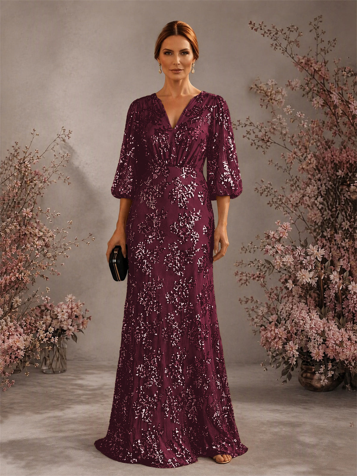 BOLODOO Burgundy V-Neck Lantern Sleeve All-Over Sequin Floral Embroidered Mermaid Gown - Burgundy