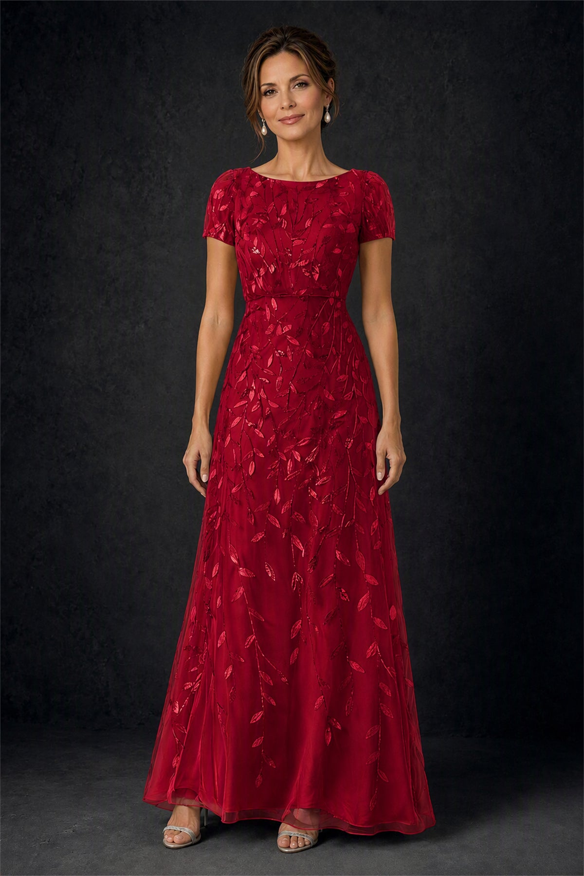 BOLODOO Burgundy Leaf Embroidered A-Line Formal Gown with Cap Sleeves - Burgundy