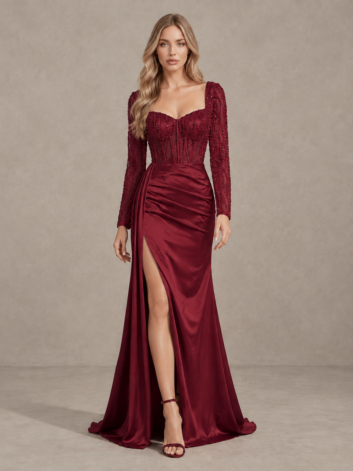 BOLODOO Burgundy Long Sleeve Lace Evening Dress with High Slit - Burgundy - Burgundy (1)