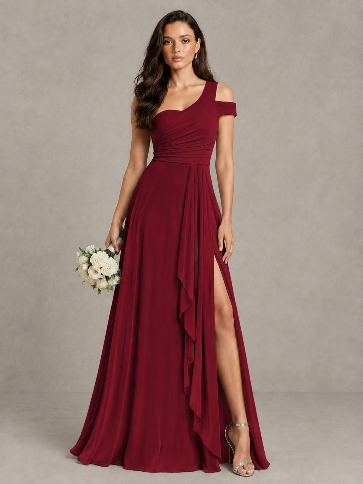 BOLODOO Burgundy One-Shoulder Bridesmaid Dress with Side Slit - Burgundy - Burgundy (1)