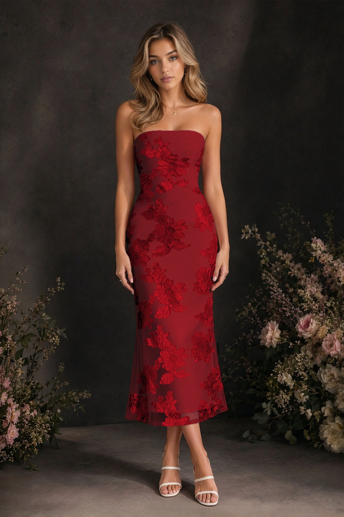 BOLODOO Burgundy Tonal Floral Embroidered Mesh Strapless Open Back Bodycon Midi Tea Length Dress - Burgundy