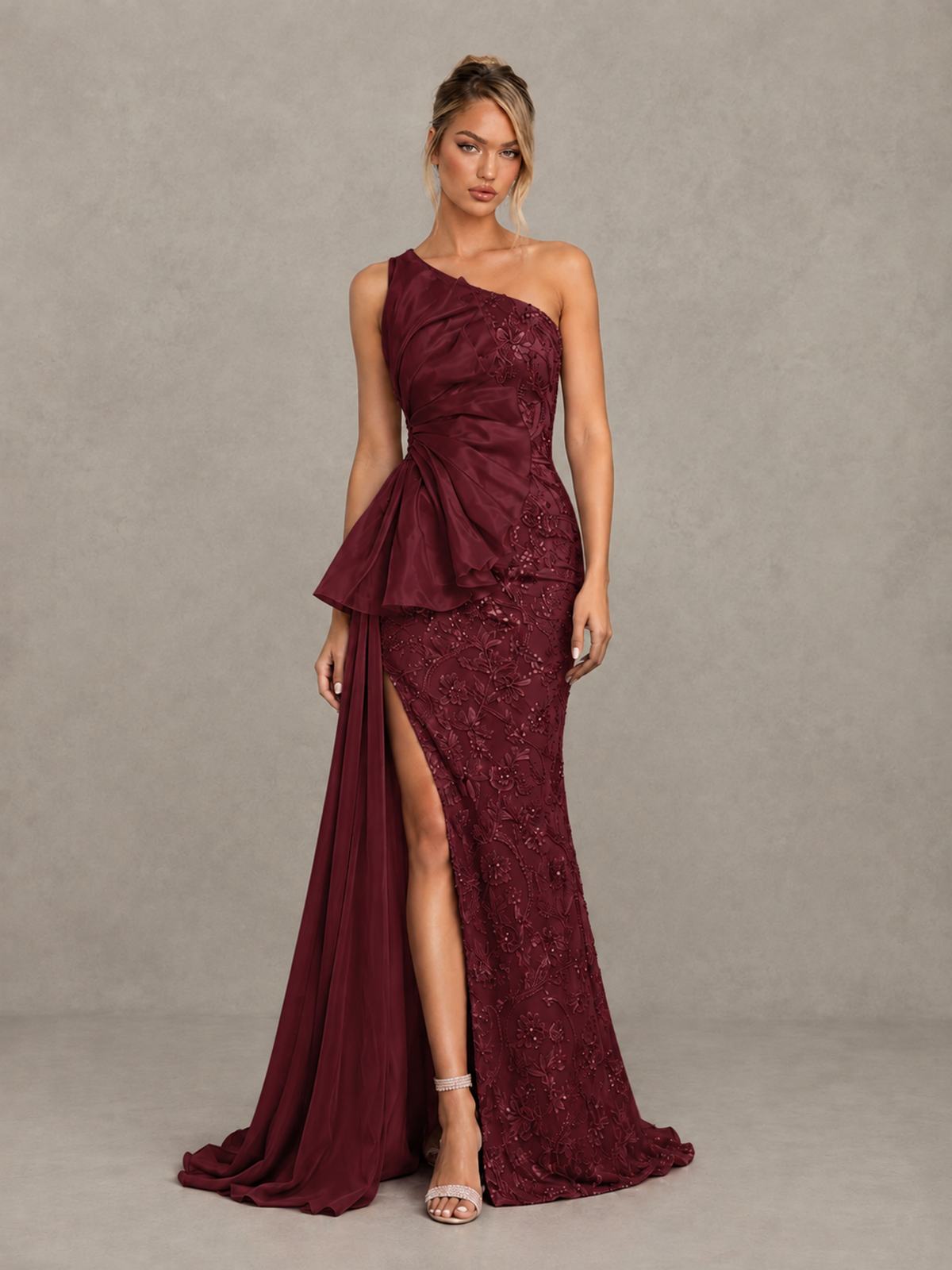 BOLODOO Burgundy One-Shoulder Floral Lace Evening Gown with High Slit - Burgundy - Burgundy (1)