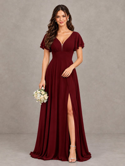 BOLODOO Burgundy Flutter Sleeve Chiffon A-Line Maxi Bridesmaid Dress with Open Back & Slit - Burgundy - Burgundy (1)