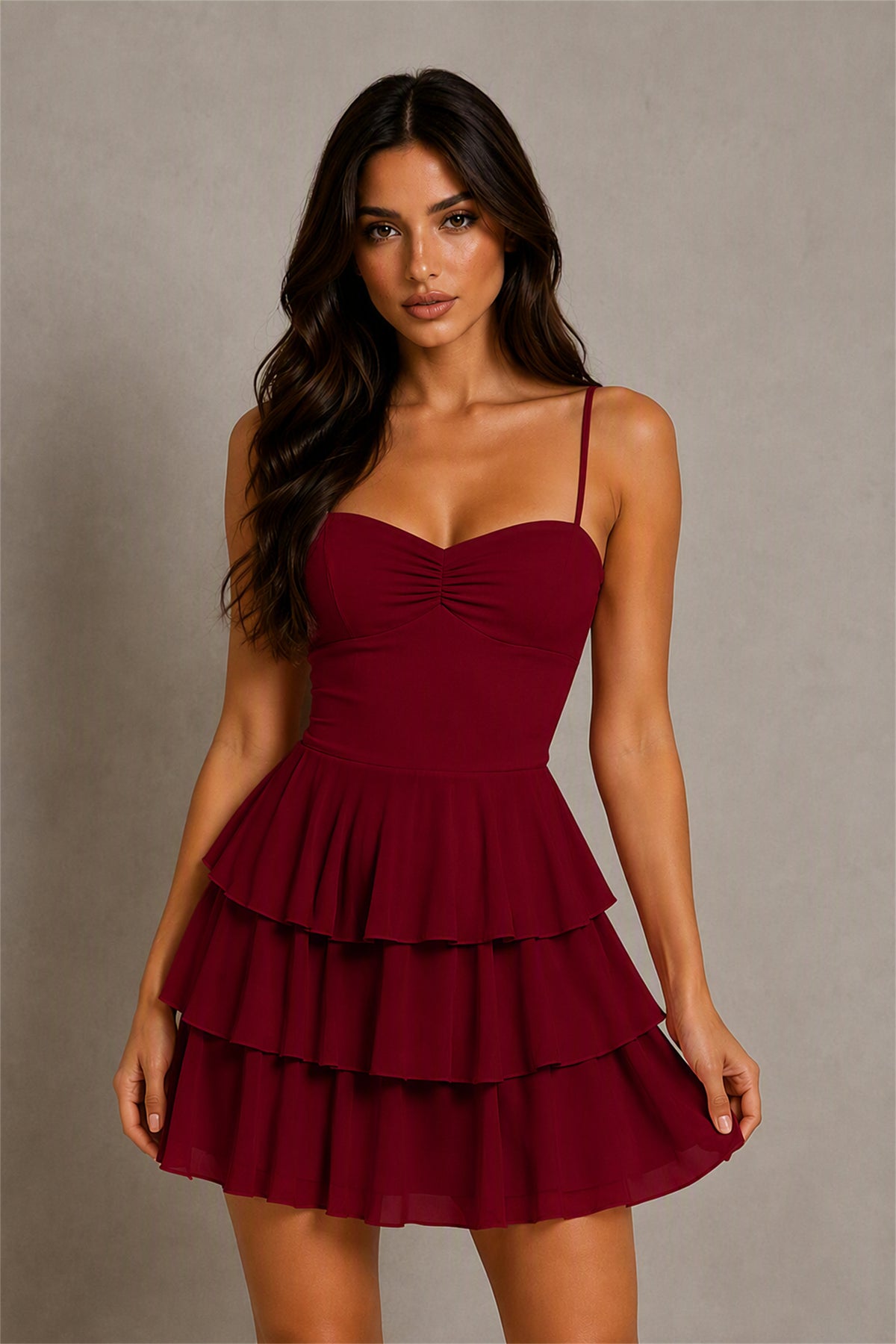BOLODOO Burgundy Chiffon Sweetheart Spaghetti Strap Lace-Up Open Back Tiered Ruffle Mini Dress | Cocktail Party Date Night Dress - Burgundy