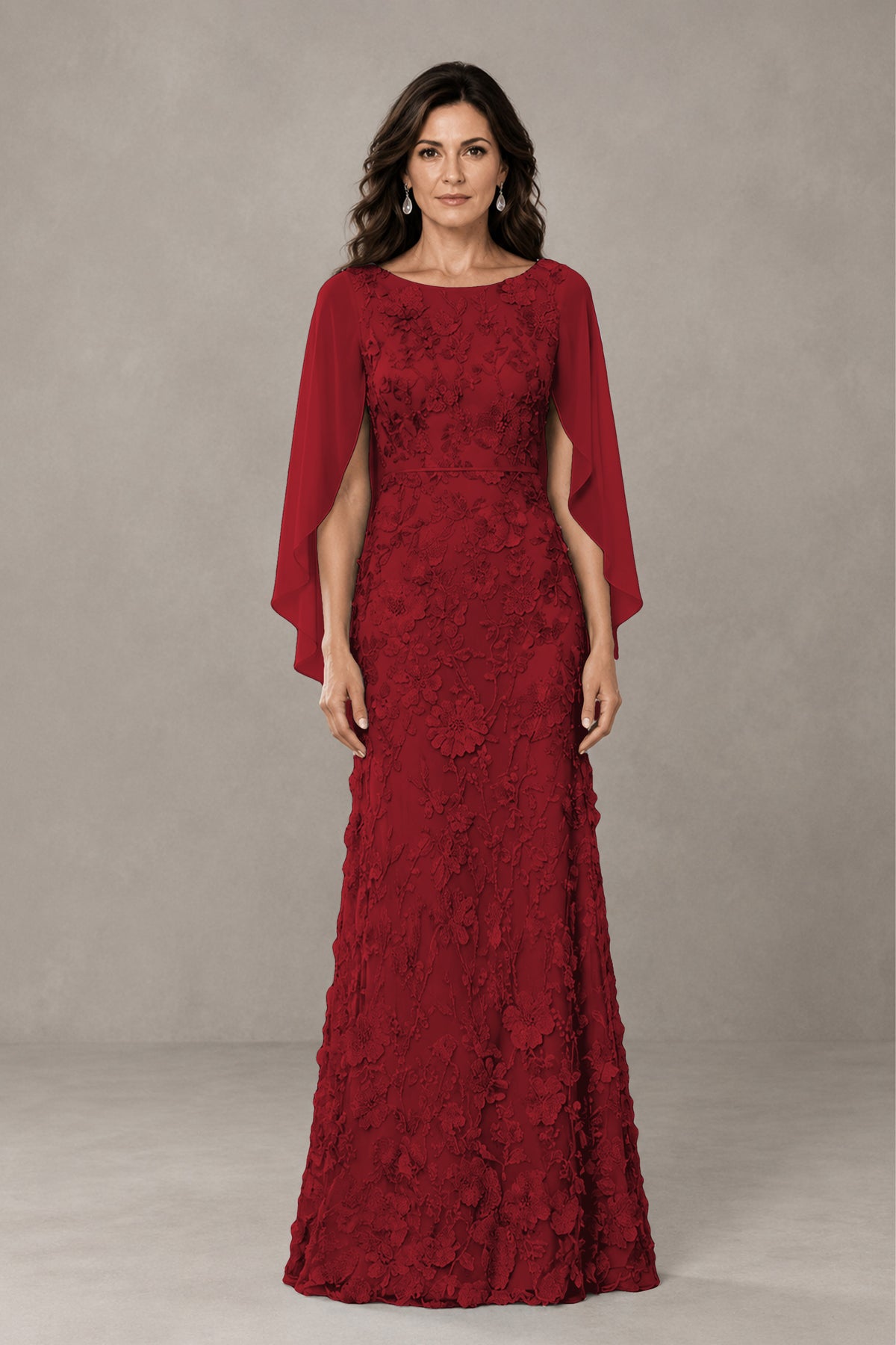 BOLODOO Burgundy Lace Mother of the Bride Dress with Cape Sleeves - Burgundy