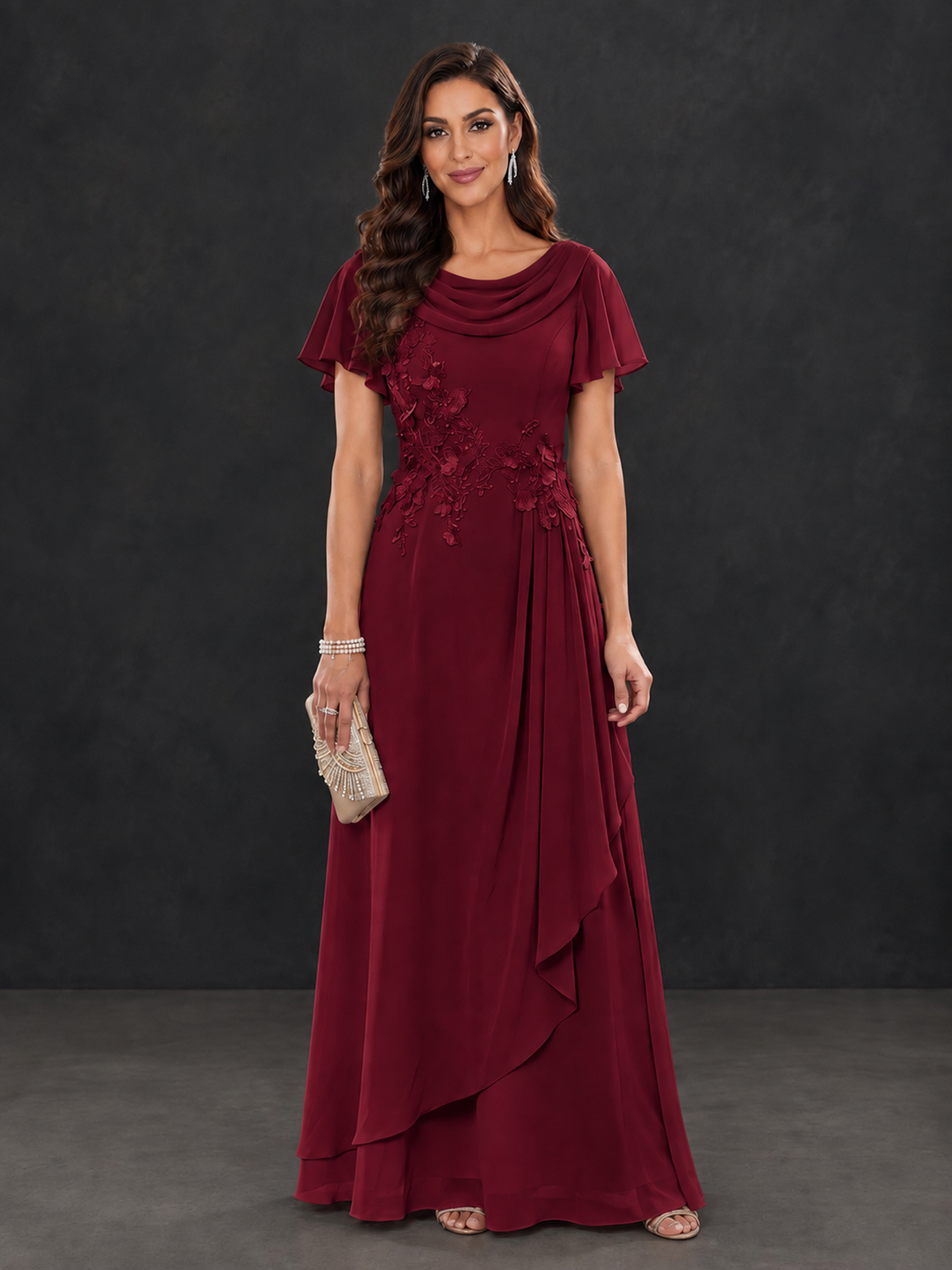 BOLODOO Burgundy Floral Flutter Sleeve Mother of the Bride Dress - Burgundy