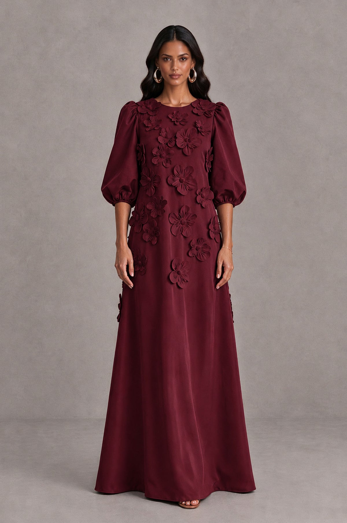 BOLODOO Burgundy Floral Applique Puff Sleeve A-Line Evening Dress - Burgundy - Burgundy (1)