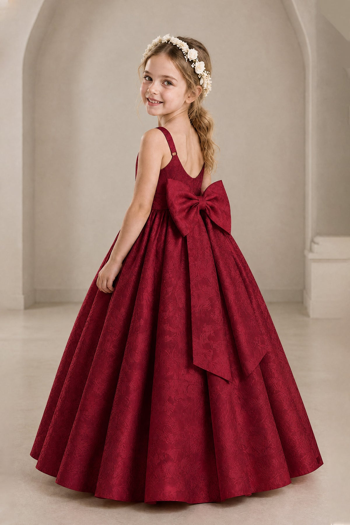 BOLODOO Burgundy Girls' A-Line Flower Girl Dress with Back Bow - Burgundy