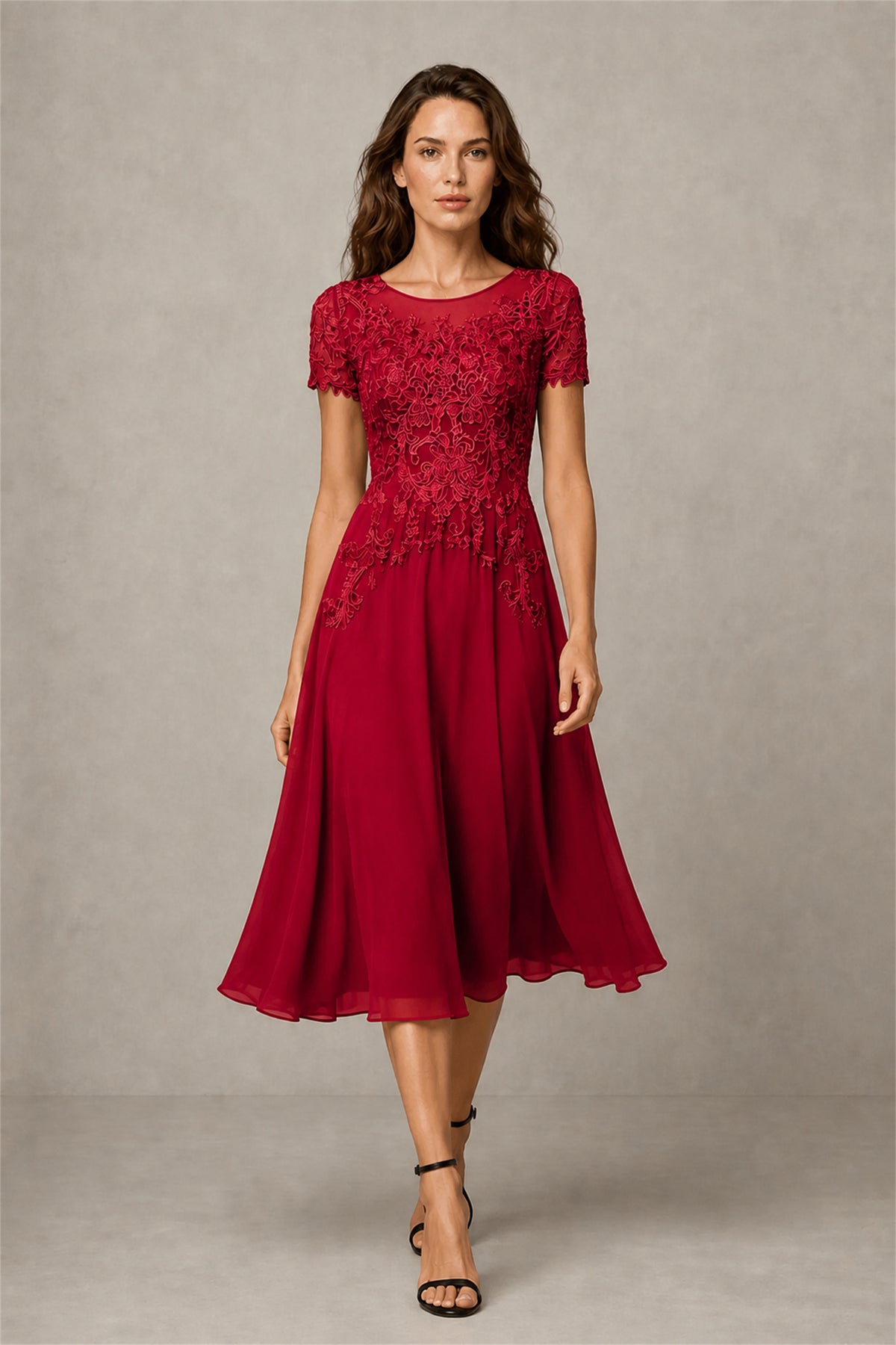 BOLODOO Steel Burgundy Beaded Lace Illusion Bodice Chiffon Tea-Length Dress | Mother of the Bride & Cocktail Party - Burgundy
