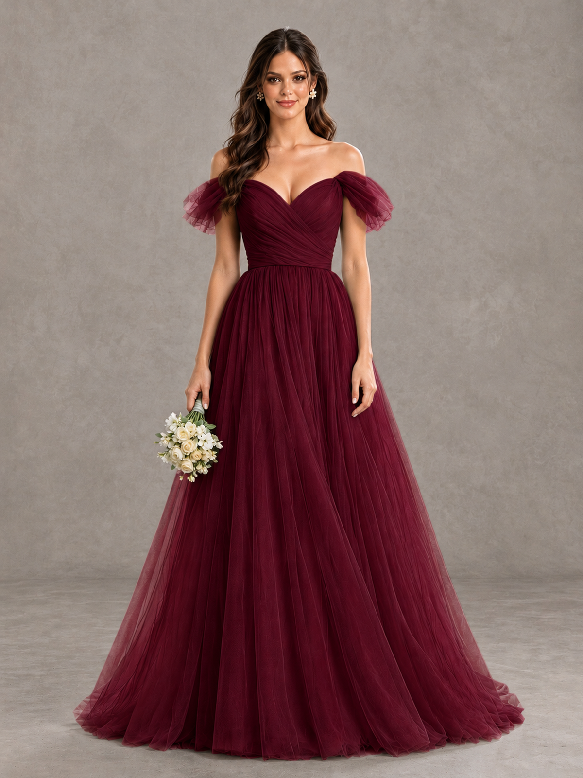 BOLODOO Burgundy Off-the-Shoulder Ruffle Sleeve A-Line Bridesmaid Dress - Burgundy - Burgundy (1)