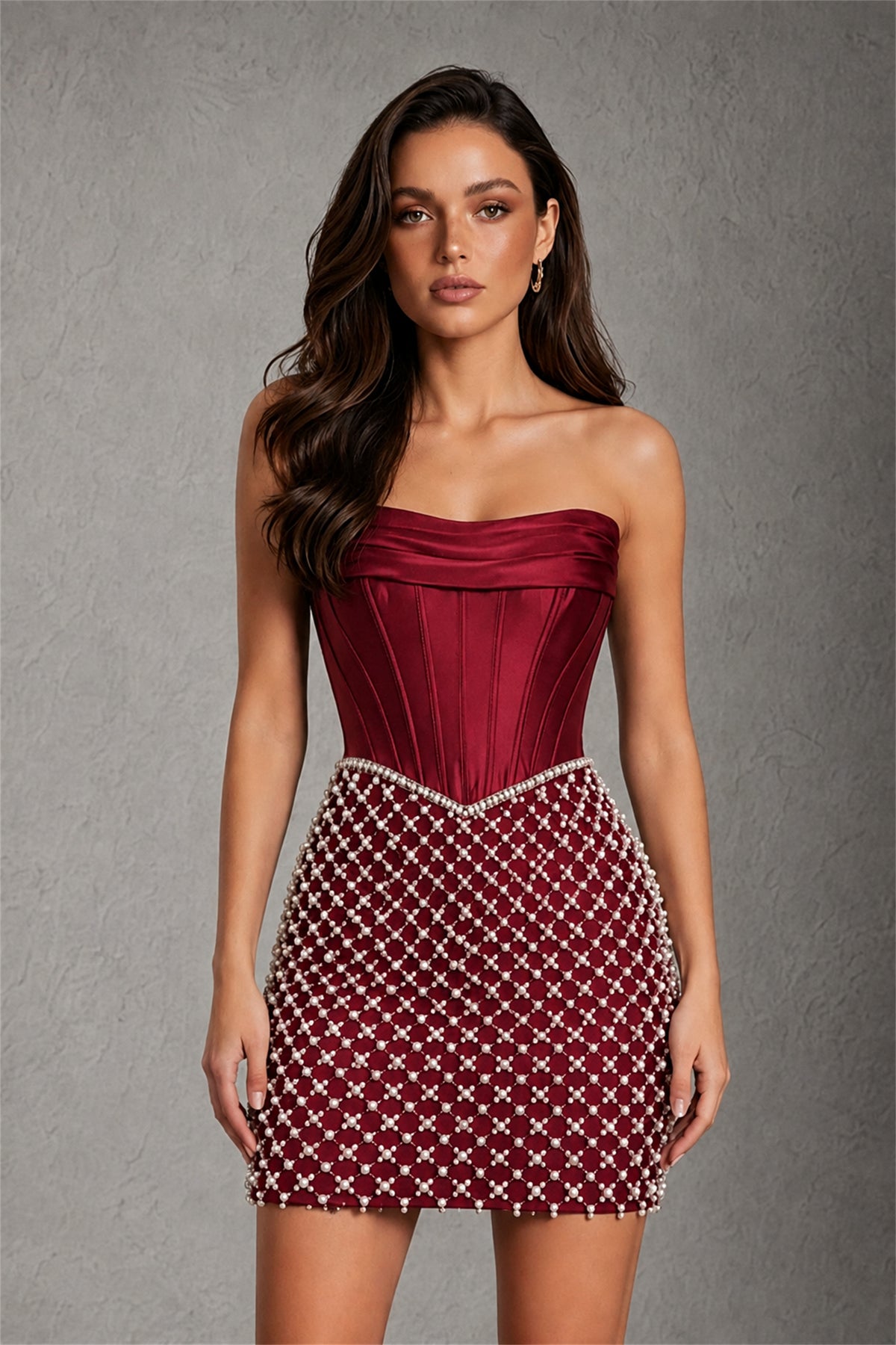 BOLODOO Burgundy Strapless Boned Corset Mini Dress Burgundy Geometric Beaded Skirt Lace-Up Back BD0355 - Burgundy