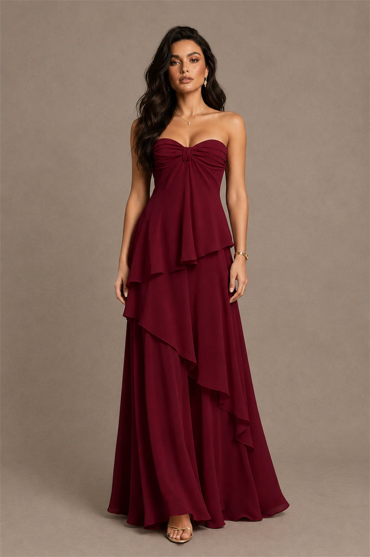 BOLODOO Burgundy Strapless Sweetheart Knotted Chiffon Tiered Maxi Dress with Lace-Up Back - Burgundy
