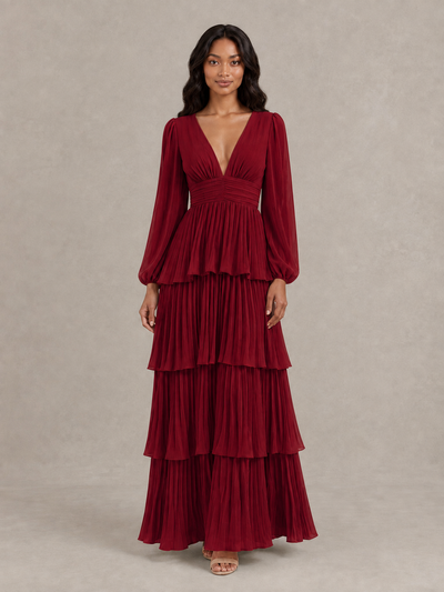 BOLODOO Burgundy Long-Sleeve Tiered Maxi Dress with Deep V-Neck - Burgundy
