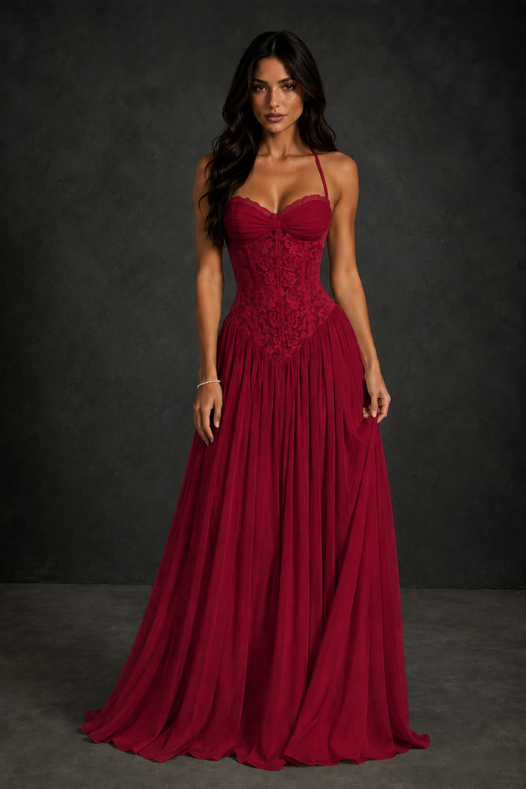 BOLODOO Burgundy Lace Corset Halter Maxi Gown – Backless A-Line Formal Dress - Burgundy