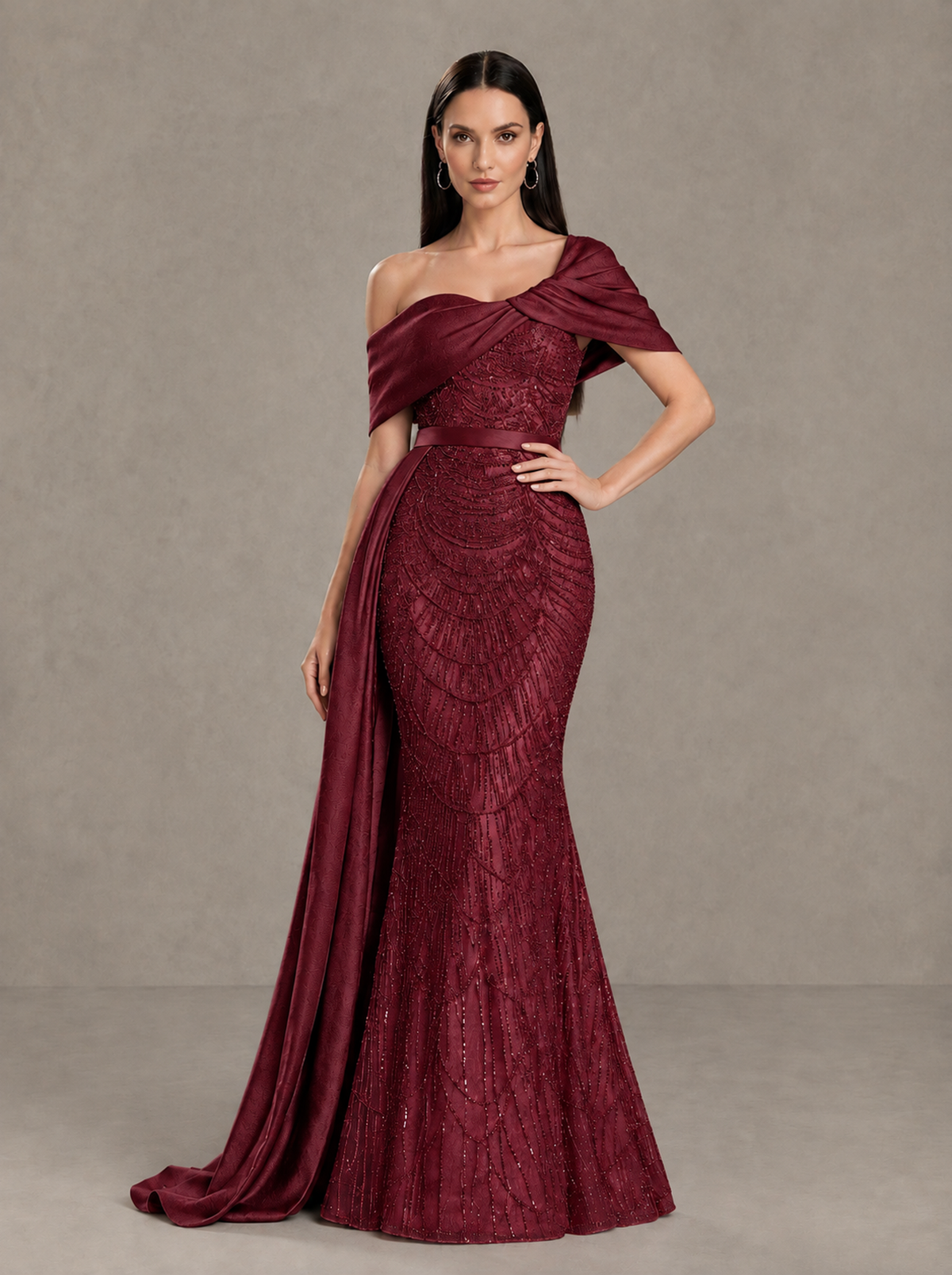 BOLODOO Burgundy Asymmetric Draped Mermaid Evening Gown with Train - Burgundy - Burgundy (1)