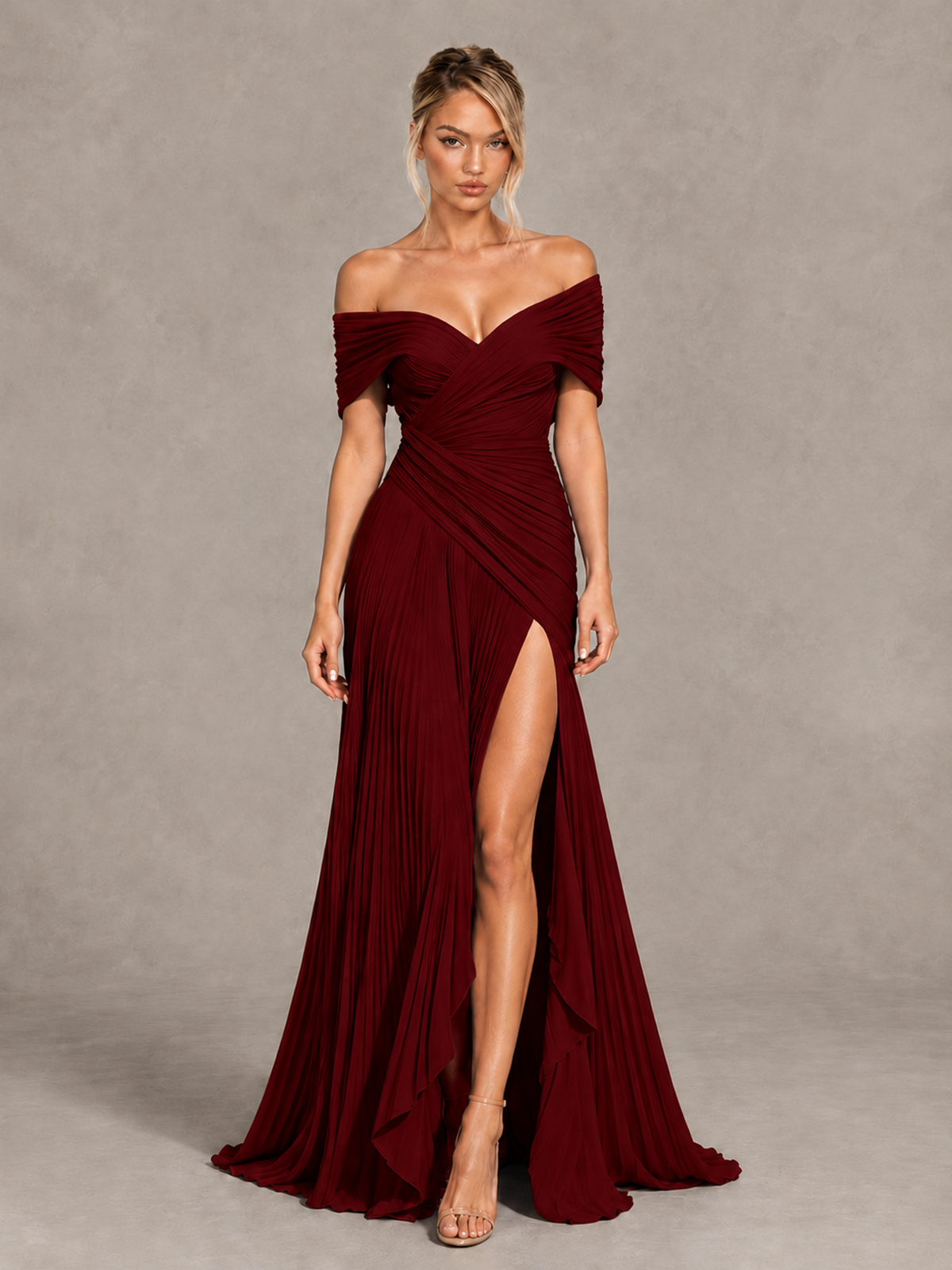 BOLODOO Burgundy Off-Shoulder Ruched Pleated Maxi Dress with High Slit - Burgundy - Burgundy (1)