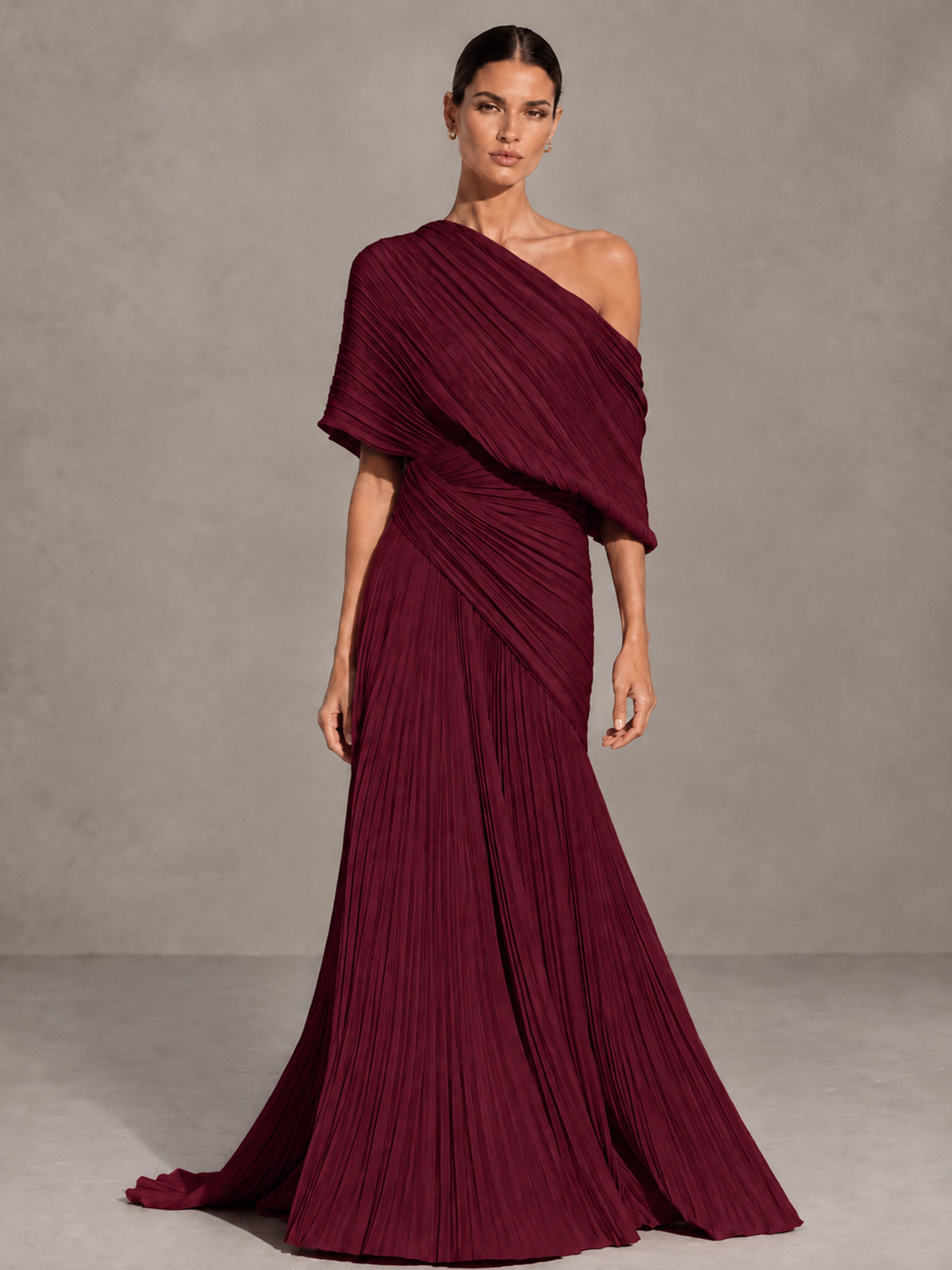 BOLODOO Burgundy One-Shoulder Pleated Cape Evening Gown with Train - Burgundy - Burgundy (1)