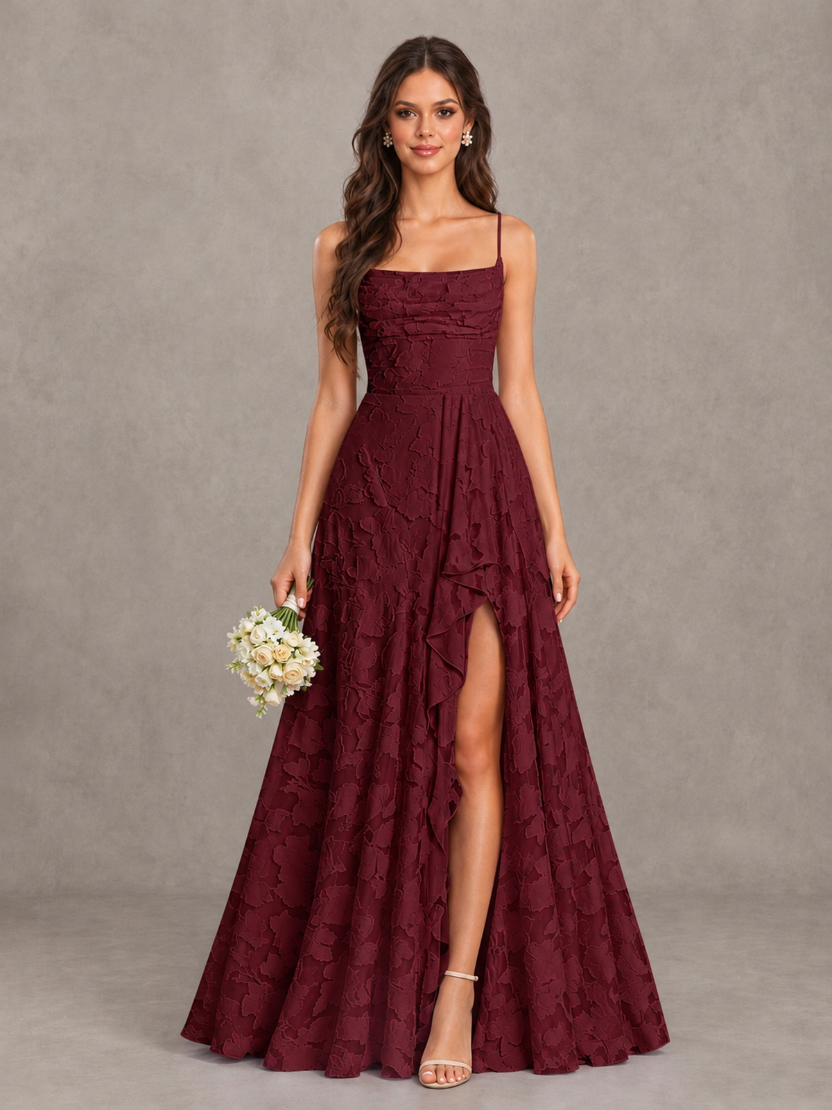 BOLODOO Burgundy Floral Appliqué Slit Maxi Dress - Burgundy - Burgundy (1)
