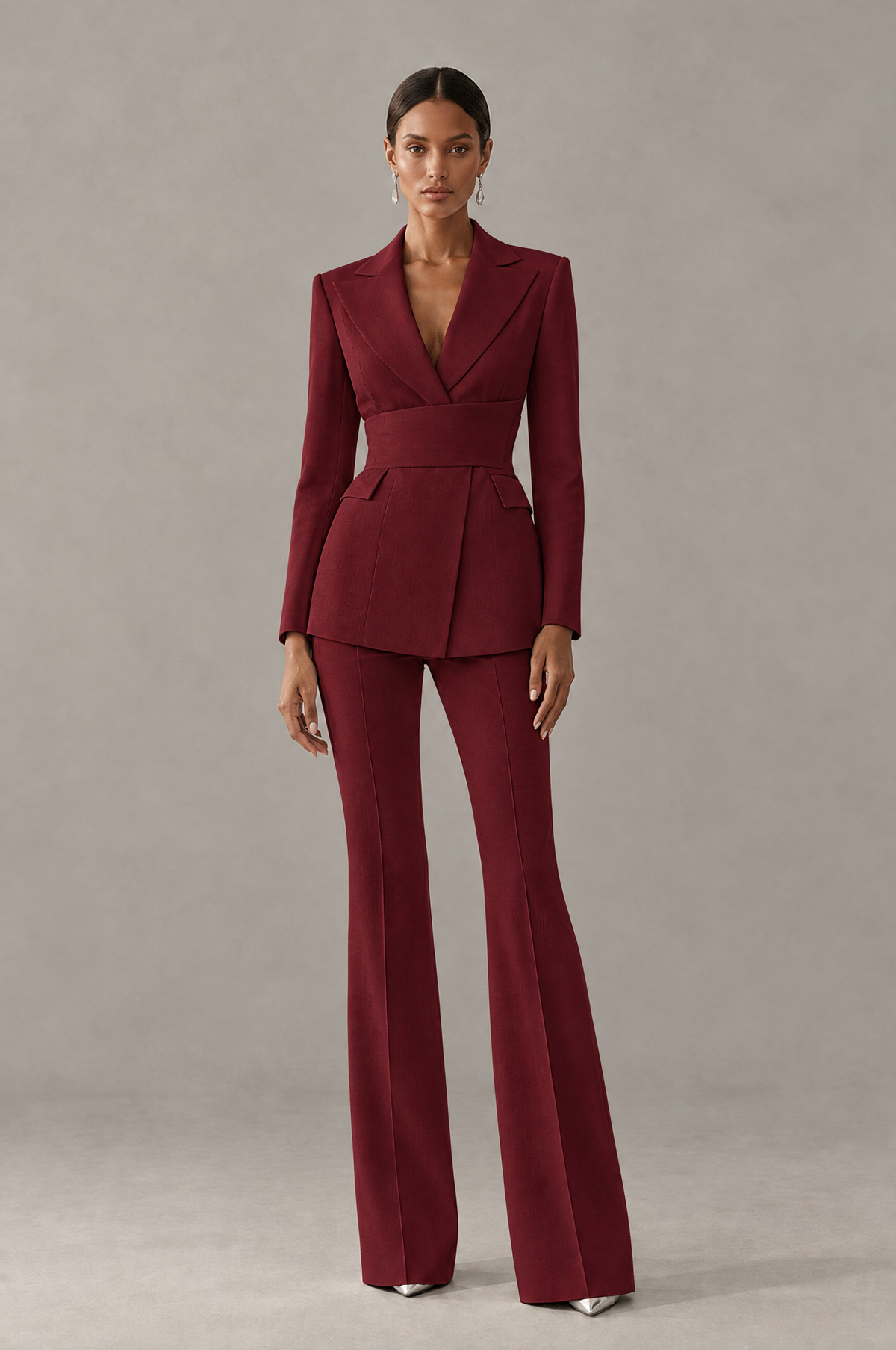 BOLODOO Burgundy Two-Piece Pantsuit with Tailored Blazer & Flared Pants - Burgundy - Burgundy (1)
