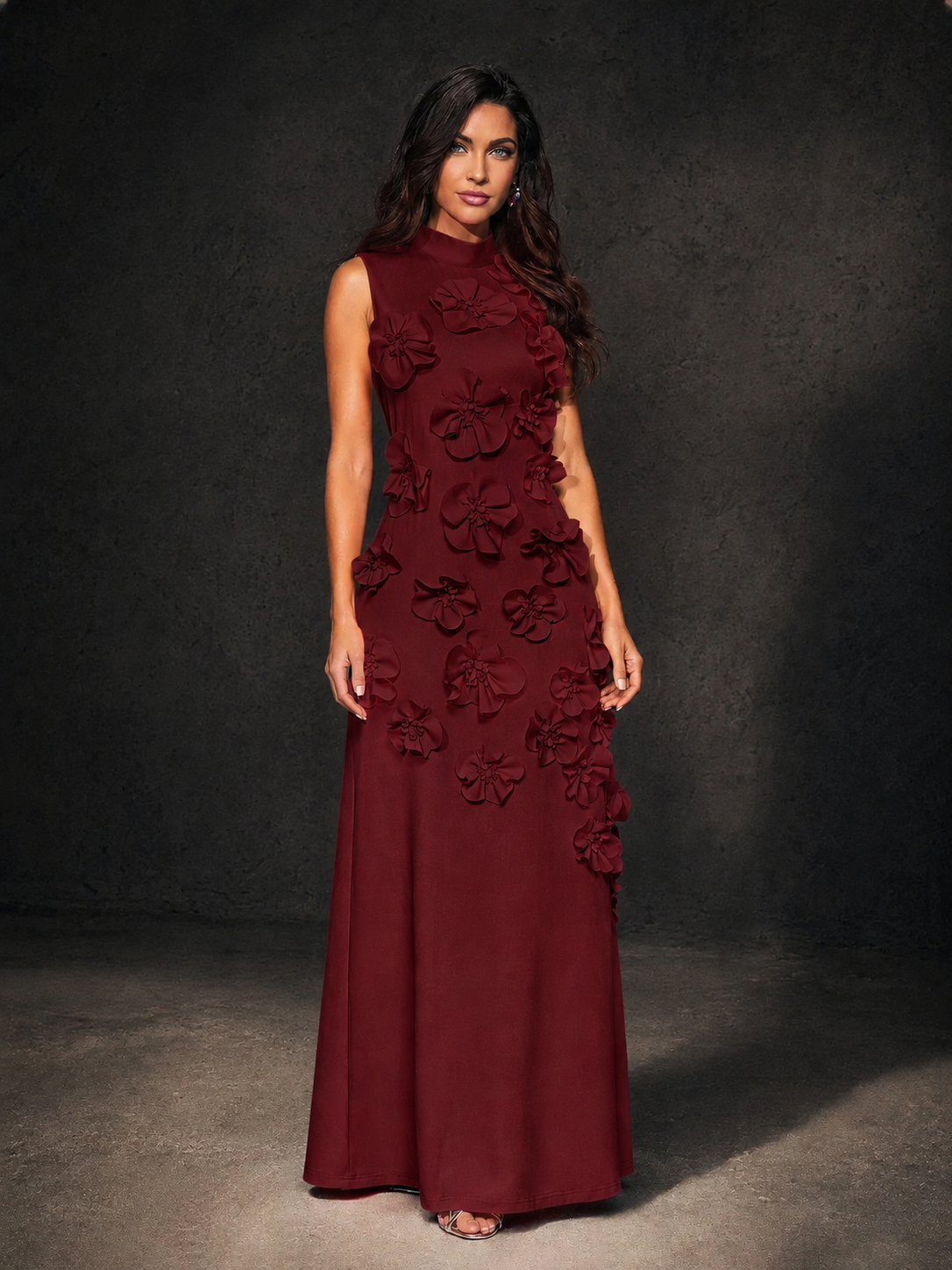 BOLODOO Burgundy Mock Neck Sleeveless 3D Floral Appliqué Maxi Dress with Bow Back - Burgundy