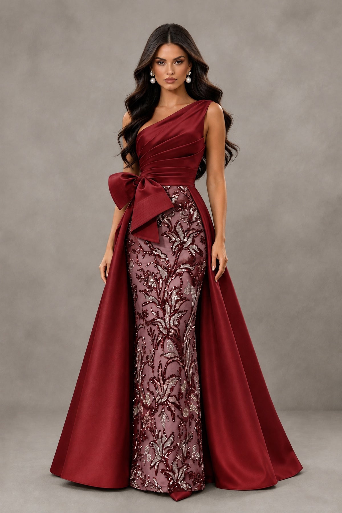BOLODOO Burgundy One Shoulder Satin Mermaid Formal Evening Gown with Bow - Burgundy - Burgundy (1)