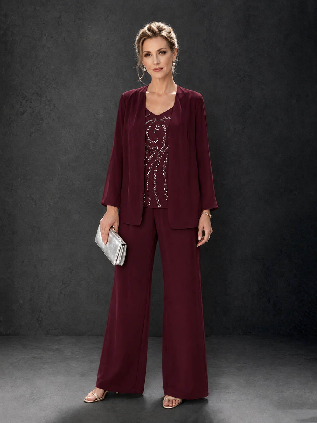 BOLODOO Burgundy 3-Piece Mother of the Bride Pant Suit with Beaded Top & Chiffon Jacket - Burgundy