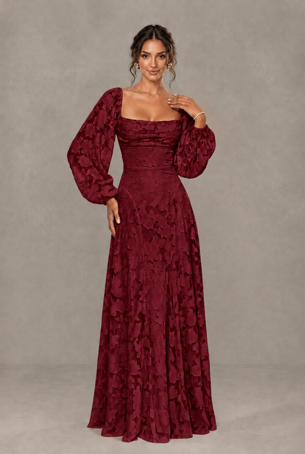 BOLODOO Floral Burgundy Long Sleeve A-Line Dress with Lace-Up Back - Burgundy