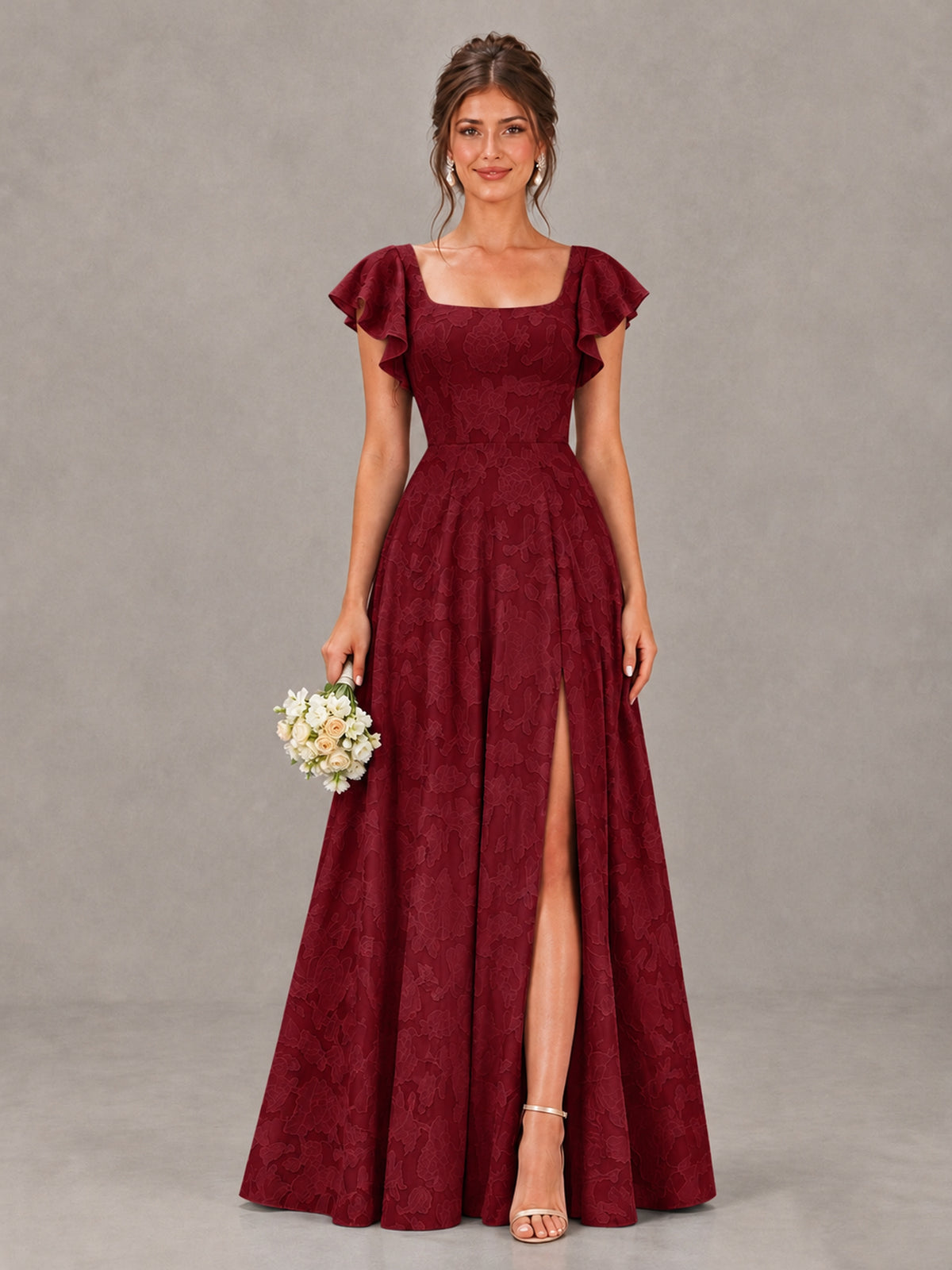 BOLODOO Burgundy Floral Flutter Sleeve Bridesmaid Dress with Slit - Burgundy - Burgundy (1)