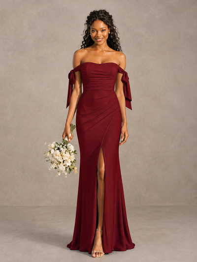 Burgundy Off-Shoulder Bow Bridesmaid Dress with Slit - Burgundy - Burgundy (1)