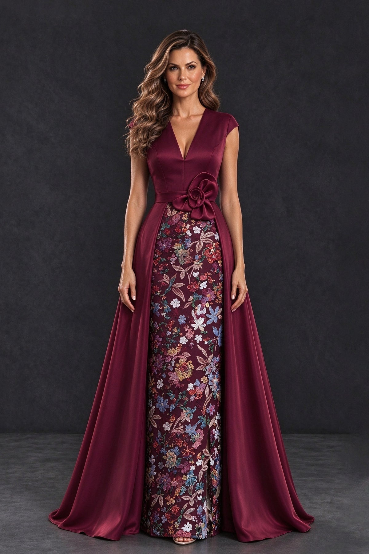 BOLODOO Burgundy Satin and Lace V-Neck Mother of the Bride Dress - Burgundy - Burgundy (1)