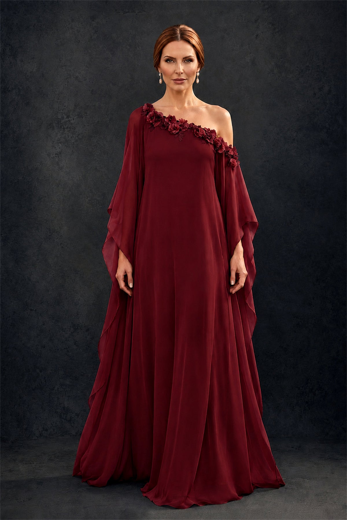 BOLODOO Burgundy 2-Piece Set: Off-Shoulder 3D Floral Cape Gown & One-Shoulder Wide-Leg Jumpsuit | BD0373 - Burgundy