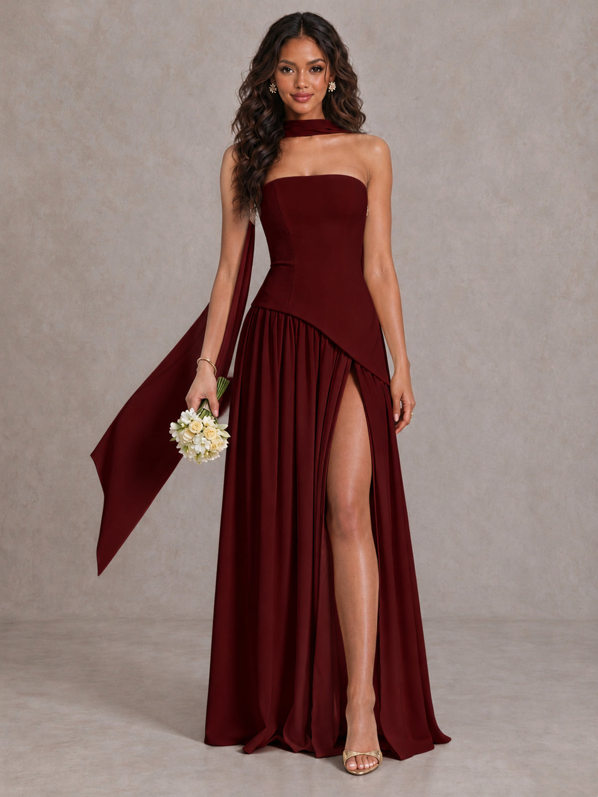 Burgundy Strapless Bridesmaid Dress with Scarf & High Slit - Burgundy - Burgundy (1)