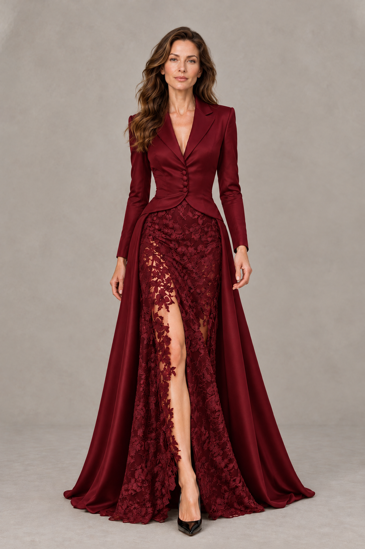BOLODOO Burgundy Long Sleeve Lace Blazer Gown with High Slit - Burgundy - Burgundy (1)