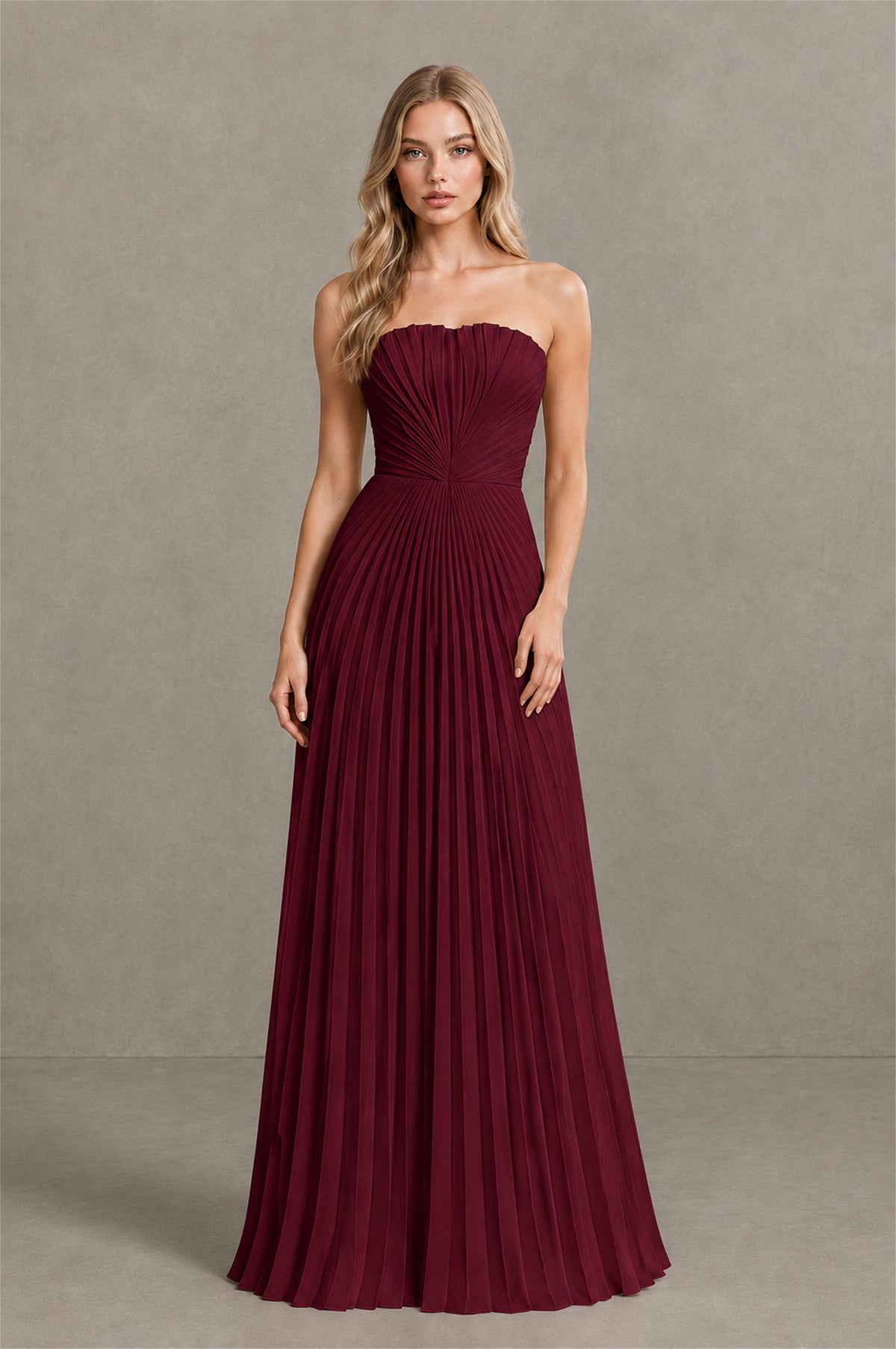 BOLODOO Burgundy Strapless Sunburst Pleated Twisted Knot Lace-Up Back Accordion Pleated Chiffon Maxi Dress - Burgundy