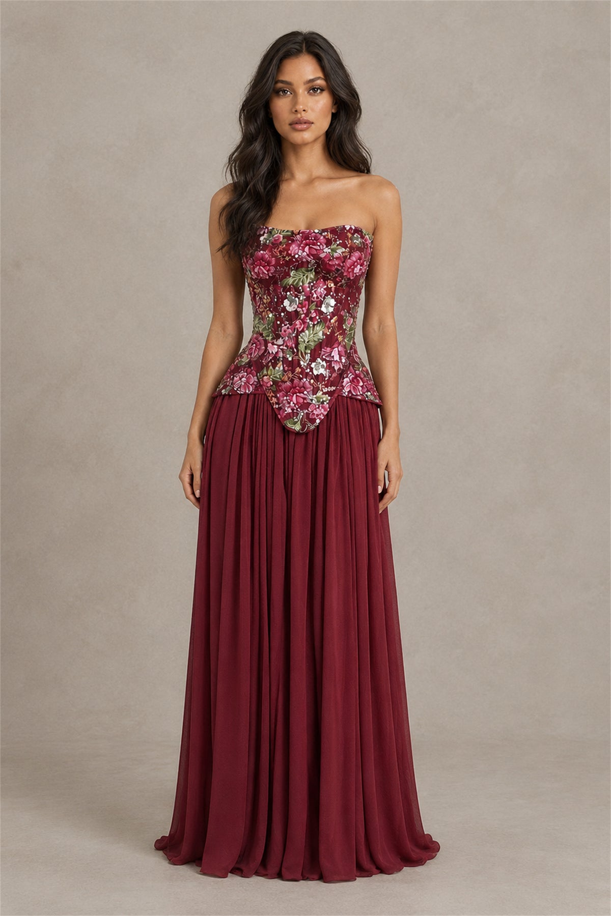 BOLODOO Burgundy Strapless Floral Beaded Chiffon Maxi Dress - Burgundy