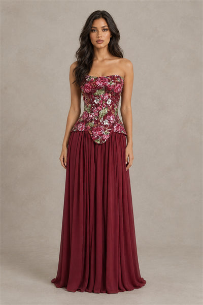 BOLODOO Burgundy Strapless Floral Beaded Chiffon Maxi Dress - Burgundy