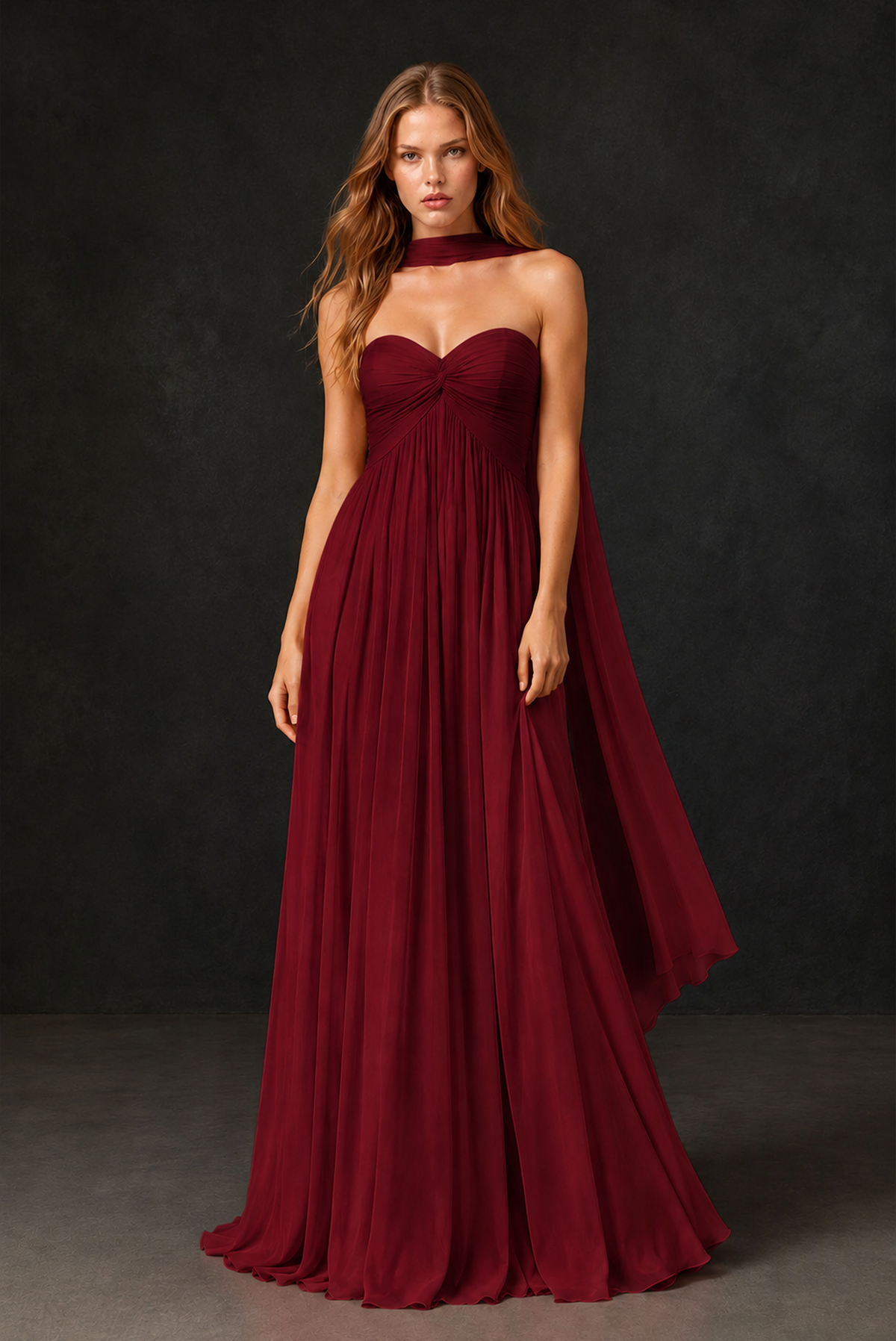 BOLODOO Burgundy Sweetheart Strapless Twist Knot Detached Halter Scarf Lace-Up Back Empire Waist Chiffon Maxi Dress - Burgundy