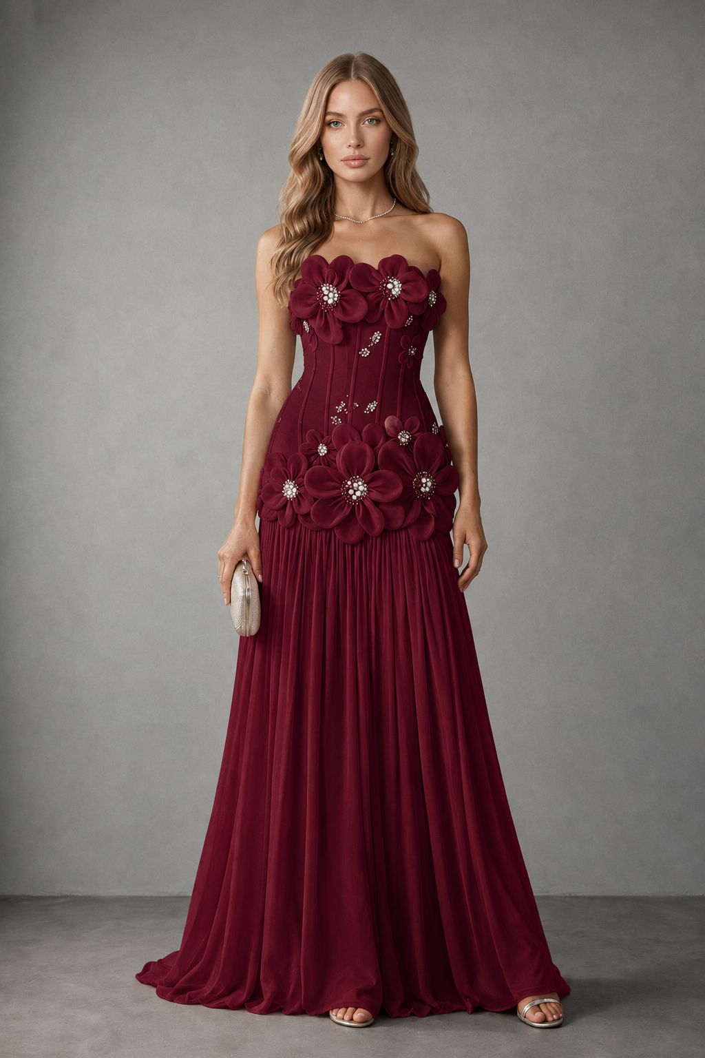 BOLODOO Burgundy Strapless Floral Appliqué Evening Gown - Burgundy