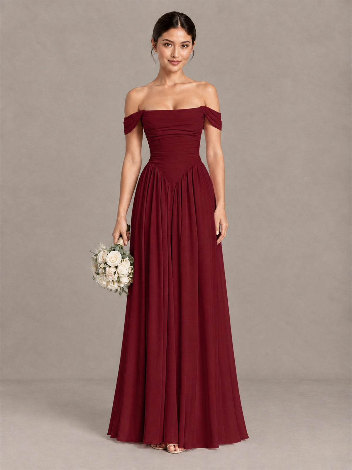 BOLODOO Burgundy Off-Shoulder Chiffon A-Line Bridesmaid Dress - Burgundy
