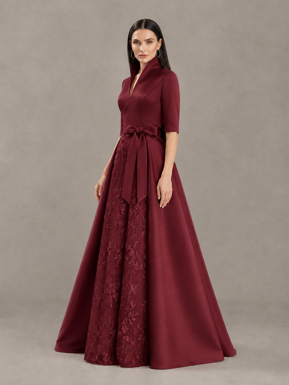 BOLODOO Burgundy Stand Collar Bow Waist Floral Embroidered Evening Gown - Burgundy - Burgundy (1)