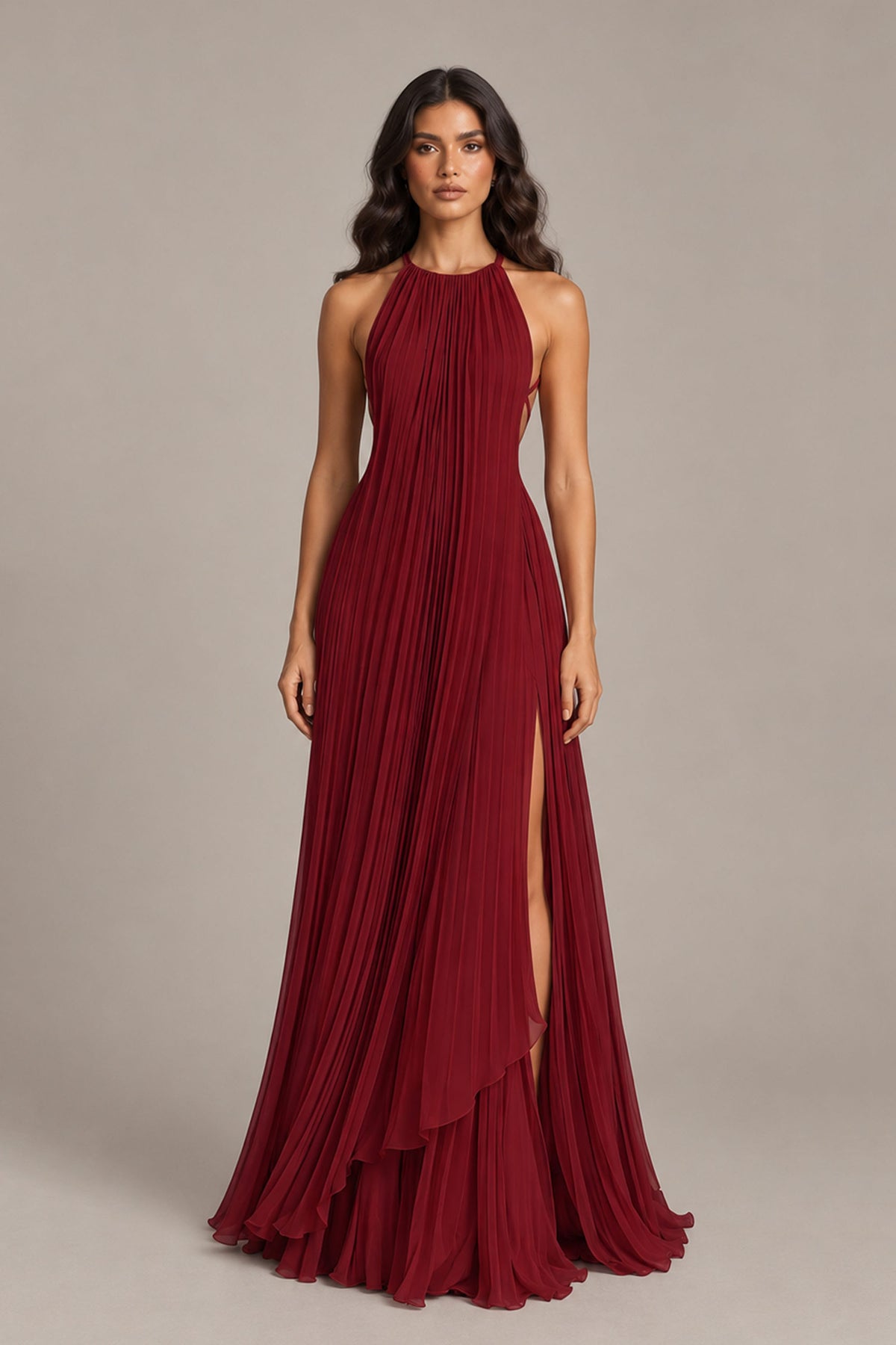 BOLODOO Burgundy Halter Neck Pleated Chiffon Maxi Dress with Side Slit - Burgundy
