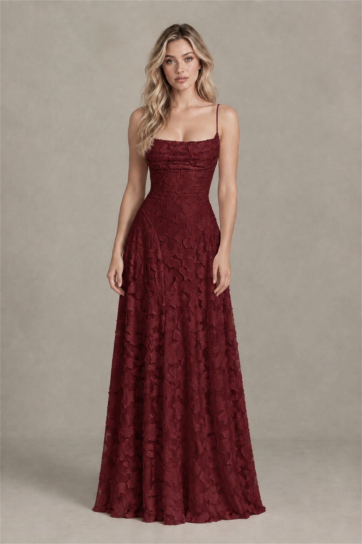 BOLODOO Burgundy Floral Appliqué Lace-Up Back Maxi Dress - Burgundy