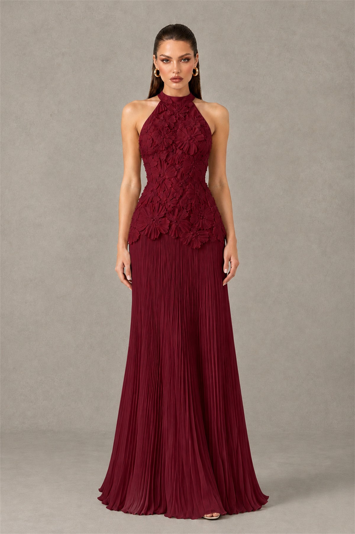 BOLODOO Burgundy 3D Floral Applique Halter Neck Open Back Pleated Maxi Dress - Burgundy