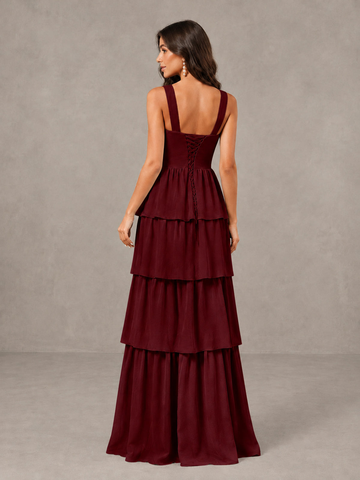 BOLODOO Burgundy Square Neck Tiered Bridesmaid Dress with Slit - Burgundy - Burgundy (2)