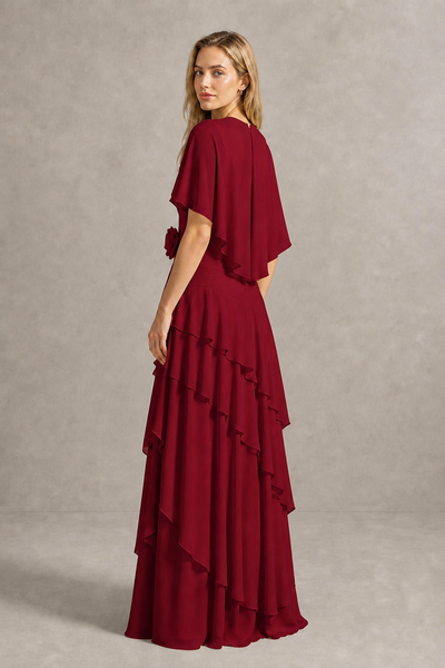 BOLODOO Burgundy Chiffon Flutter Sleeve Tiered Maxi Dress with 3D Rosette - Burgundy