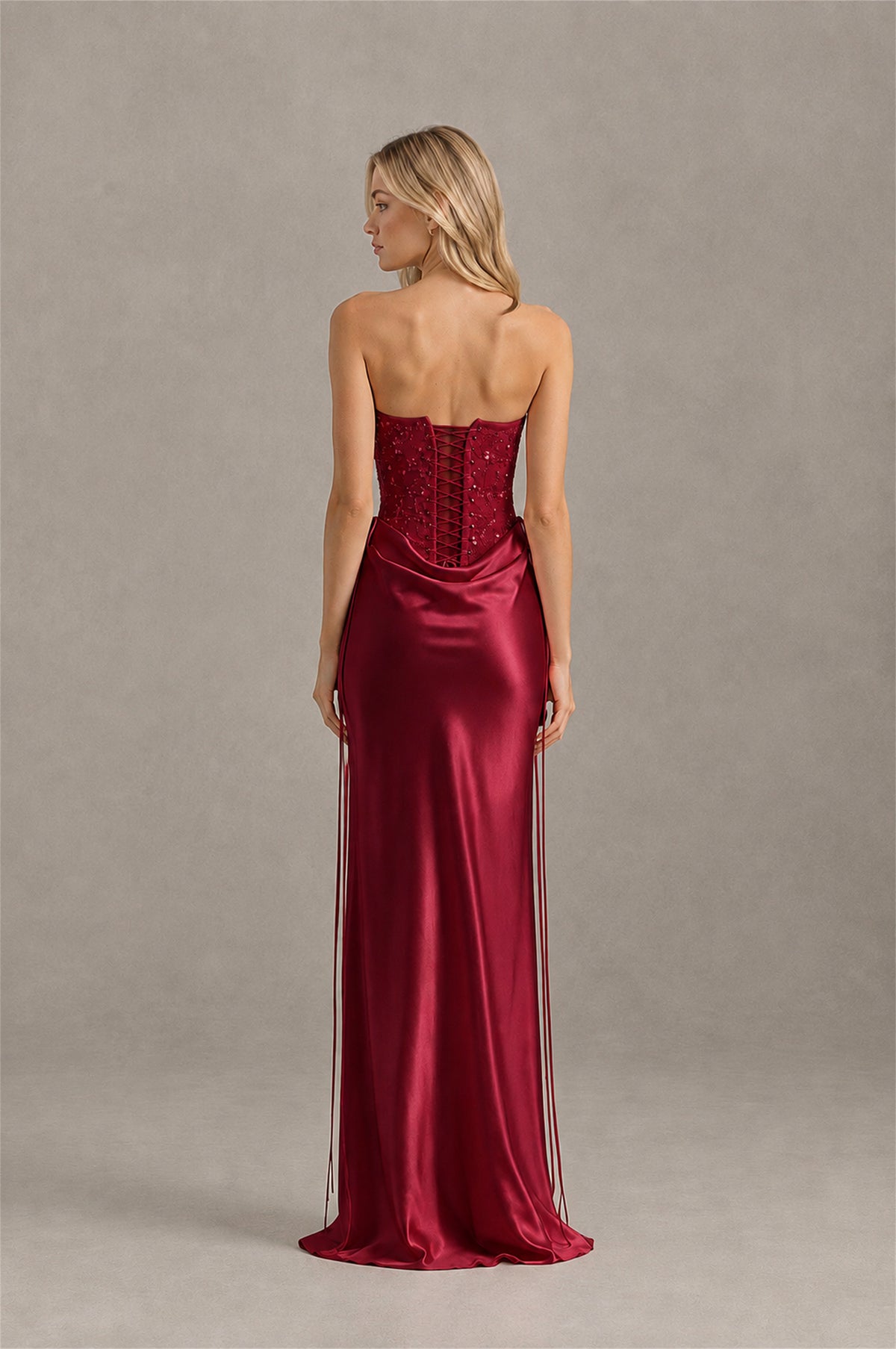 BOLODOO Burgundy Strapless Embellished Corset Satin-Look Maxi Dress - Burgundy