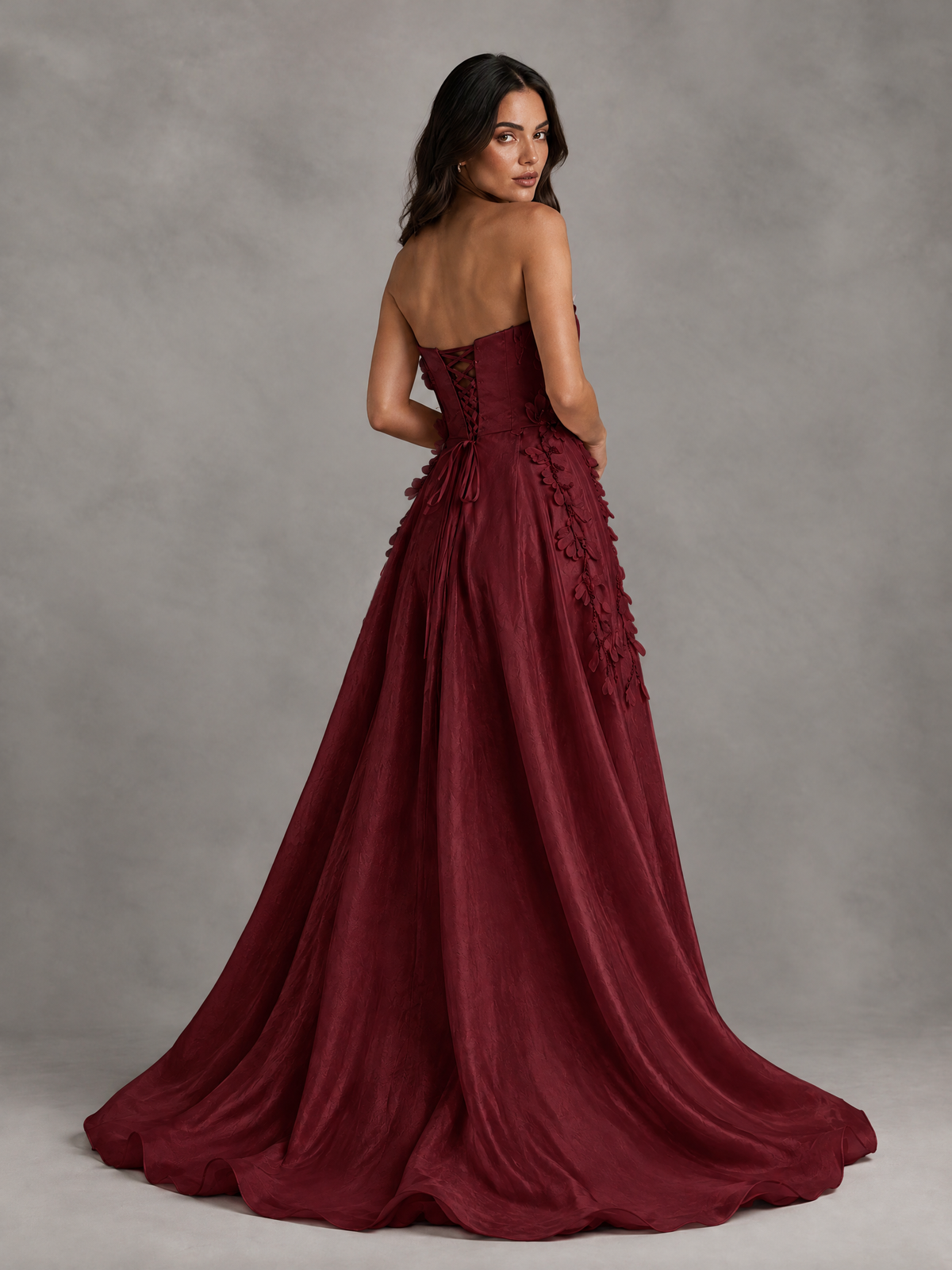 BOLODOO Burgundy Strapless Floral Applique Prom Dress with Overskirt - Burgundy - Burgundy (2)